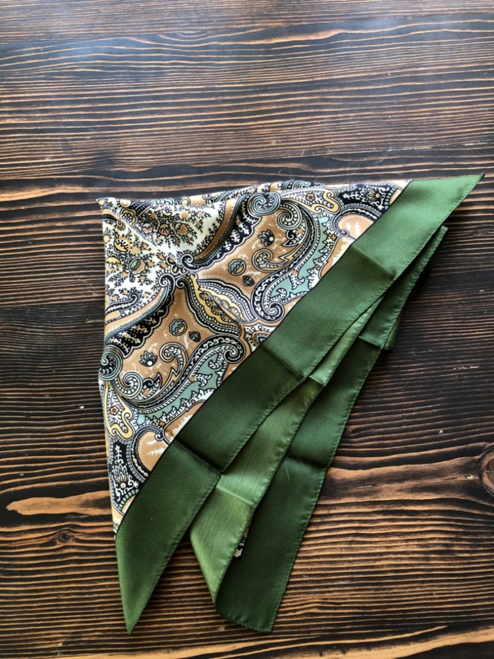 Green Cream Silk Scarf 17 Inches Square by London of Liberty - Picture 5 of 12